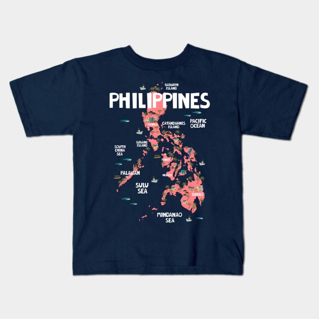 Philippines Illustrated Map Kids T-Shirt by JunkyDotCom